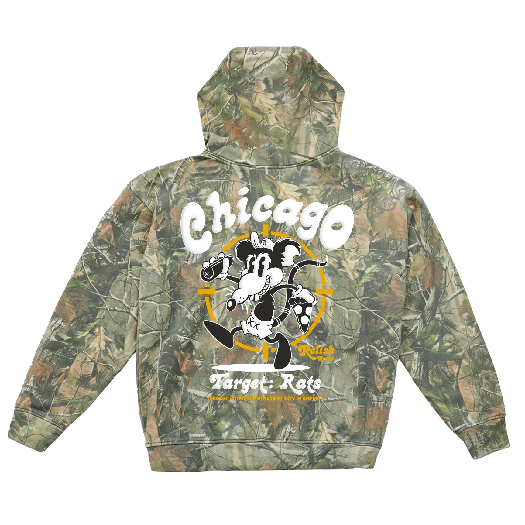 target: rats puff print on heavyweight hoodie vintage wood camo