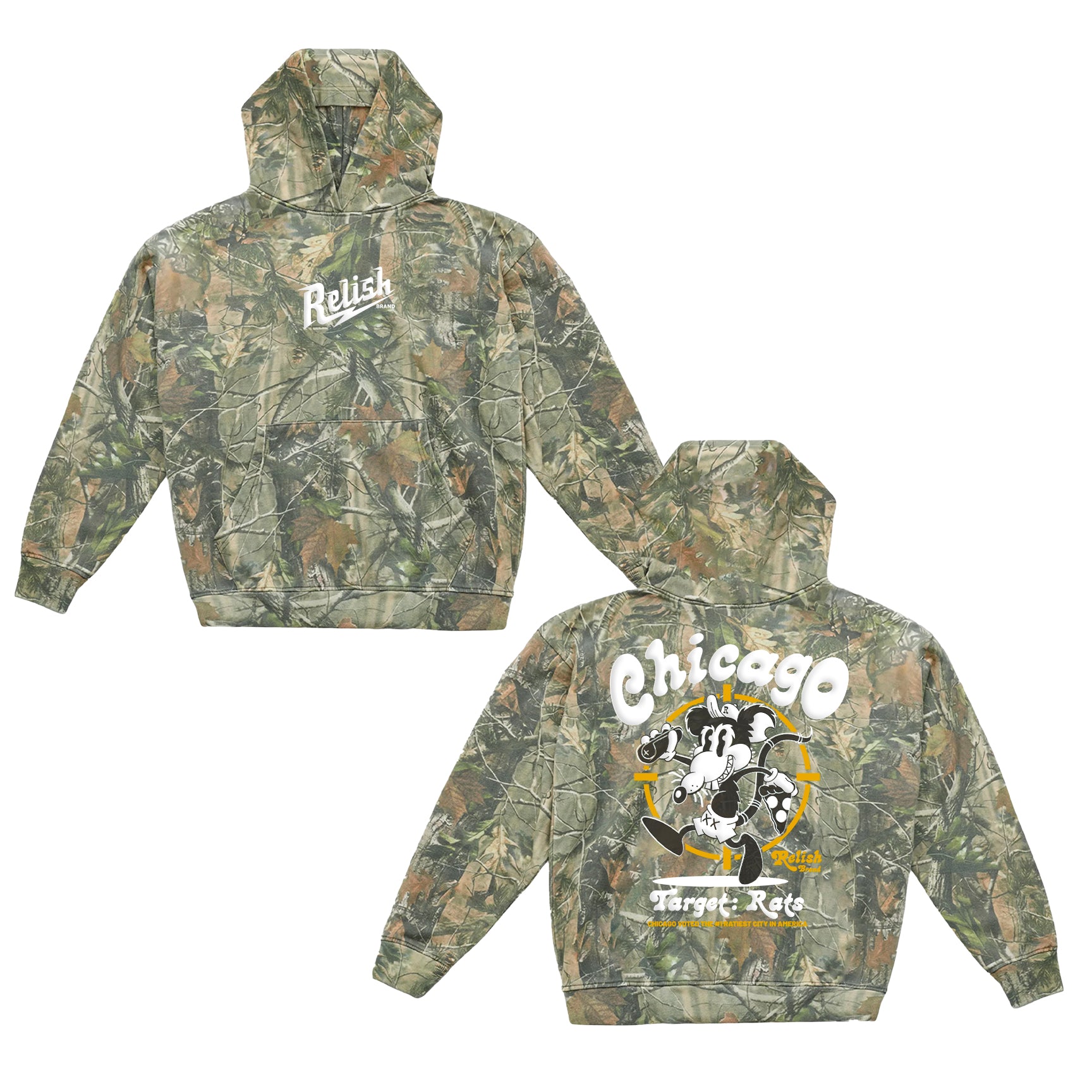target: rats puff print on heavyweight hoodie vintage wood camo